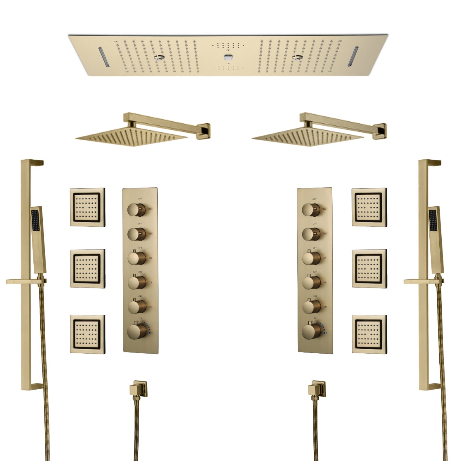 Multnomah| 36" In Dual Showerhead Complete Led Music Shower Set  6 Body Jets 2x Wall Mounted Rainfall Showerhead