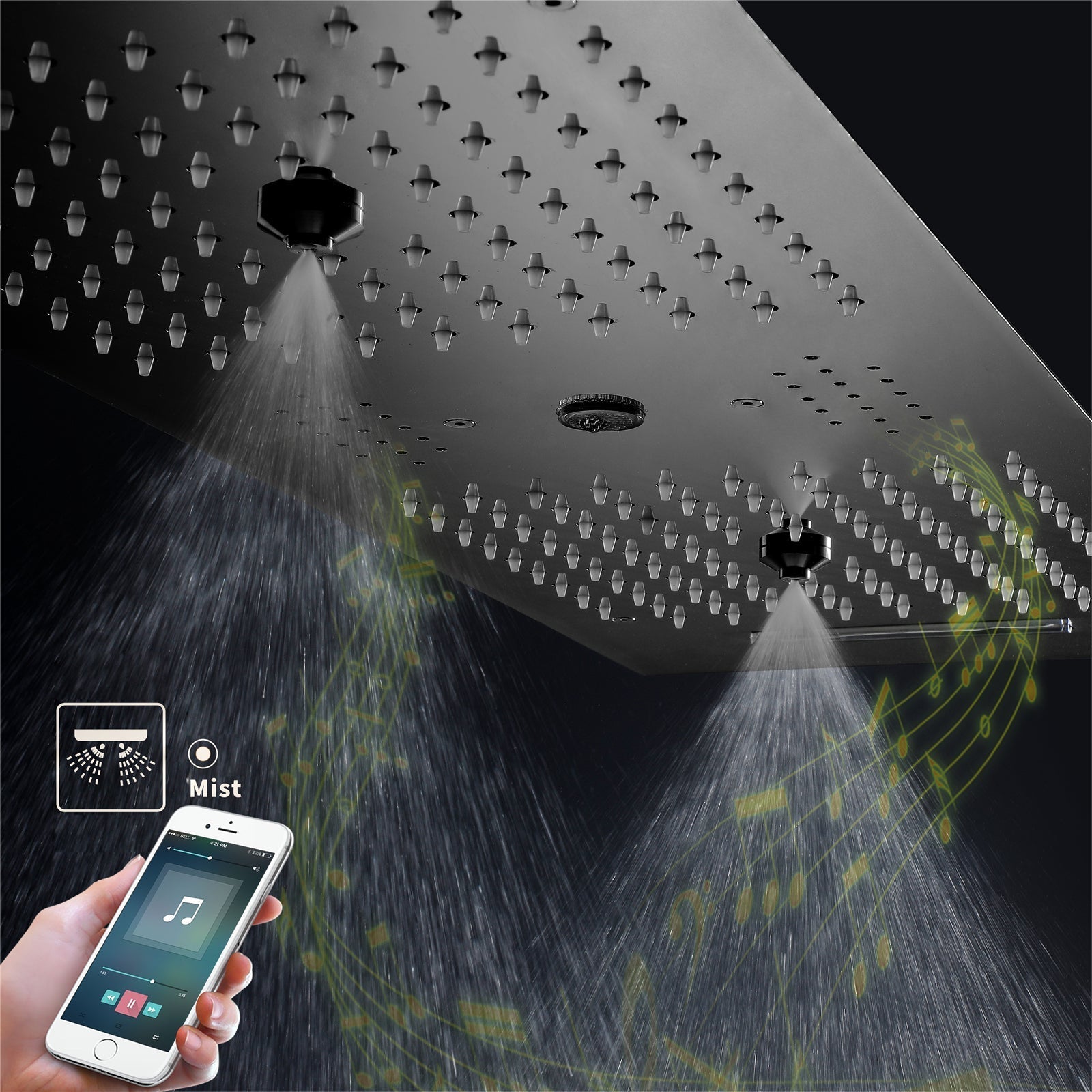 Multnomah| 36" In Dual Showerhead Complete Led Music Shower Set  6 Body Jets 2x Wall Mounted Rainfall Showerhead