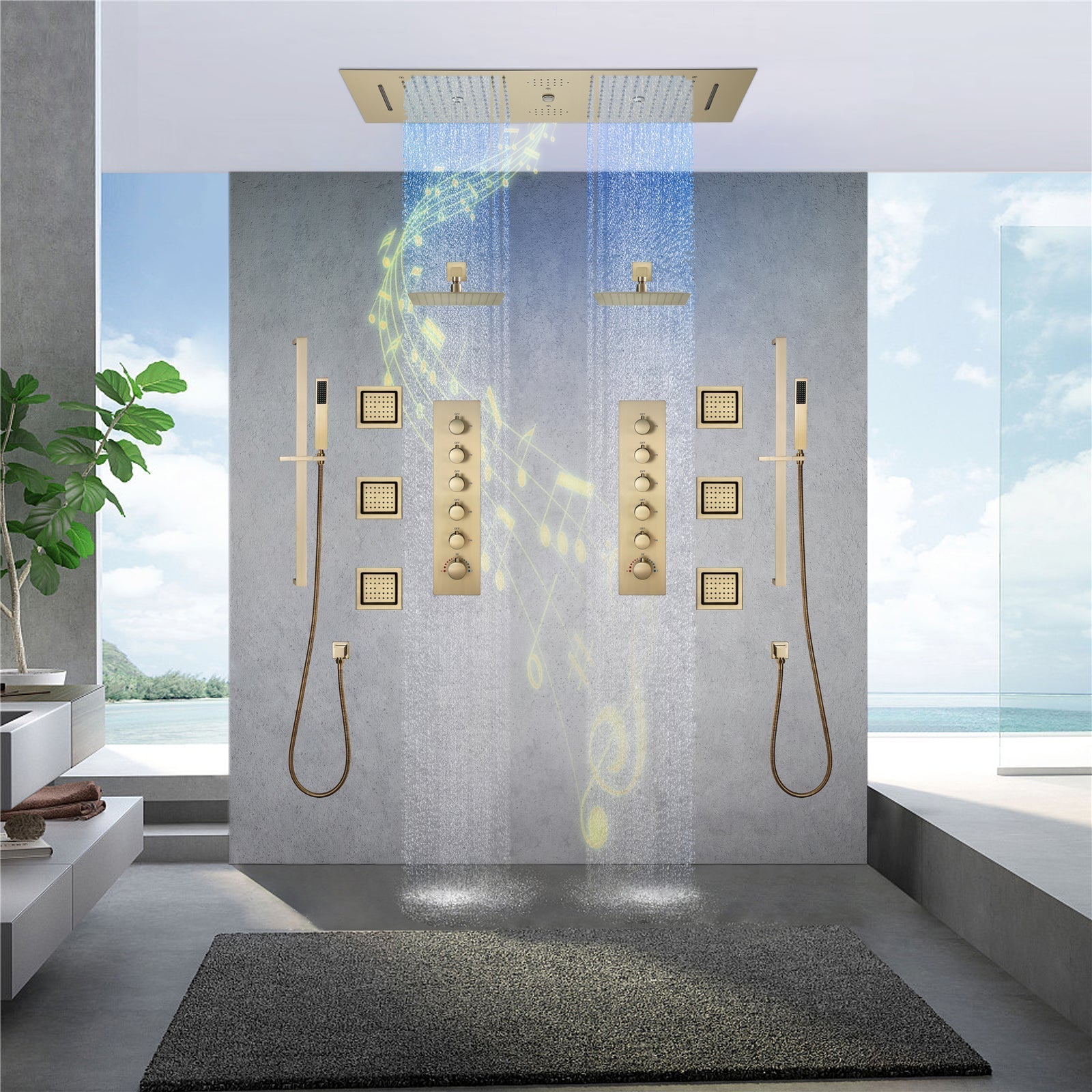 Multnomah| 36" In Dual Showerhead Complete Led Music Shower Set  6 Body Jets 2x Wall Mounted Rainfall Showerhead