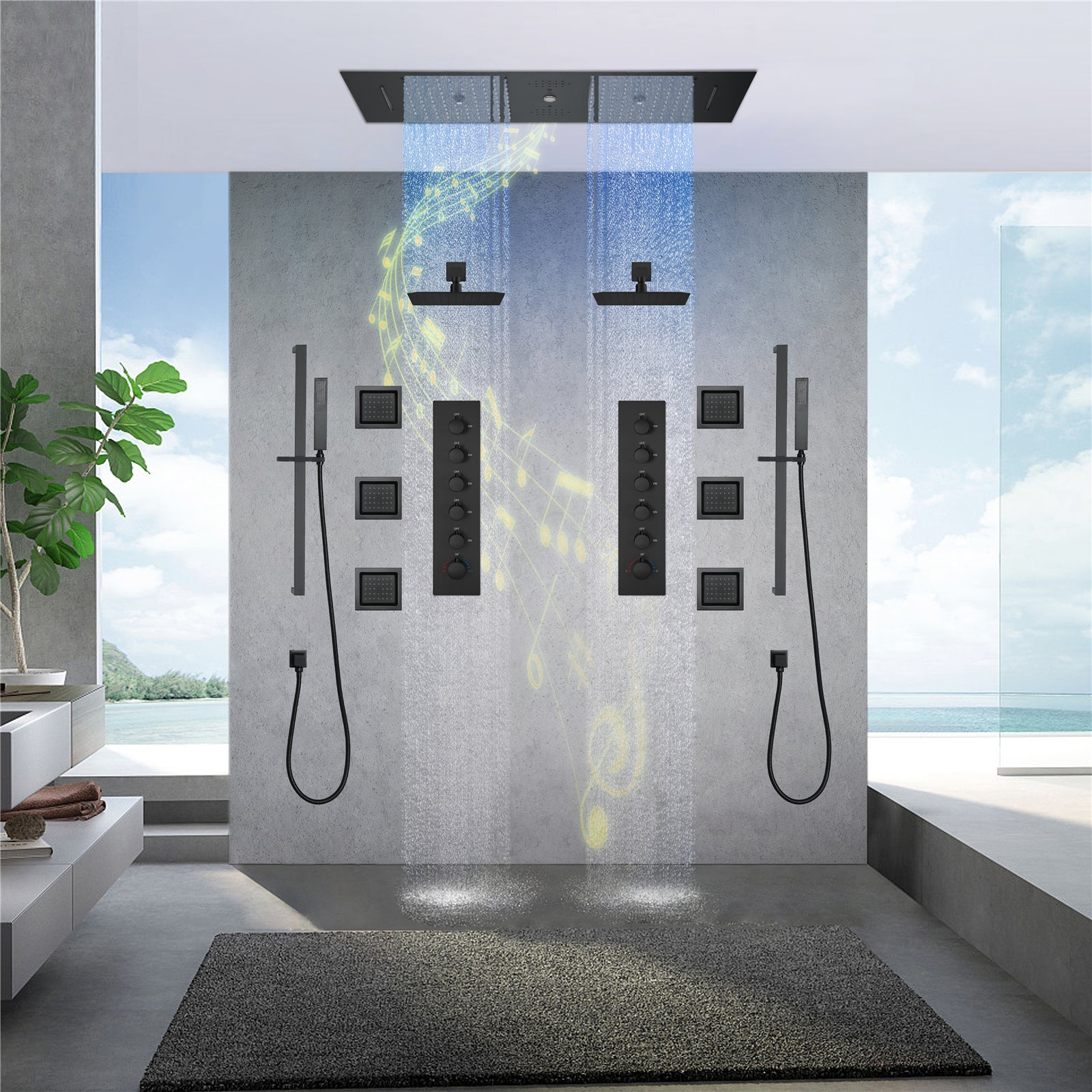 Multnomah| 36" In Dual Showerhead Complete Led Music Shower Set  6 Body Jets 2x Wall Mounted Rainfall Showerhead