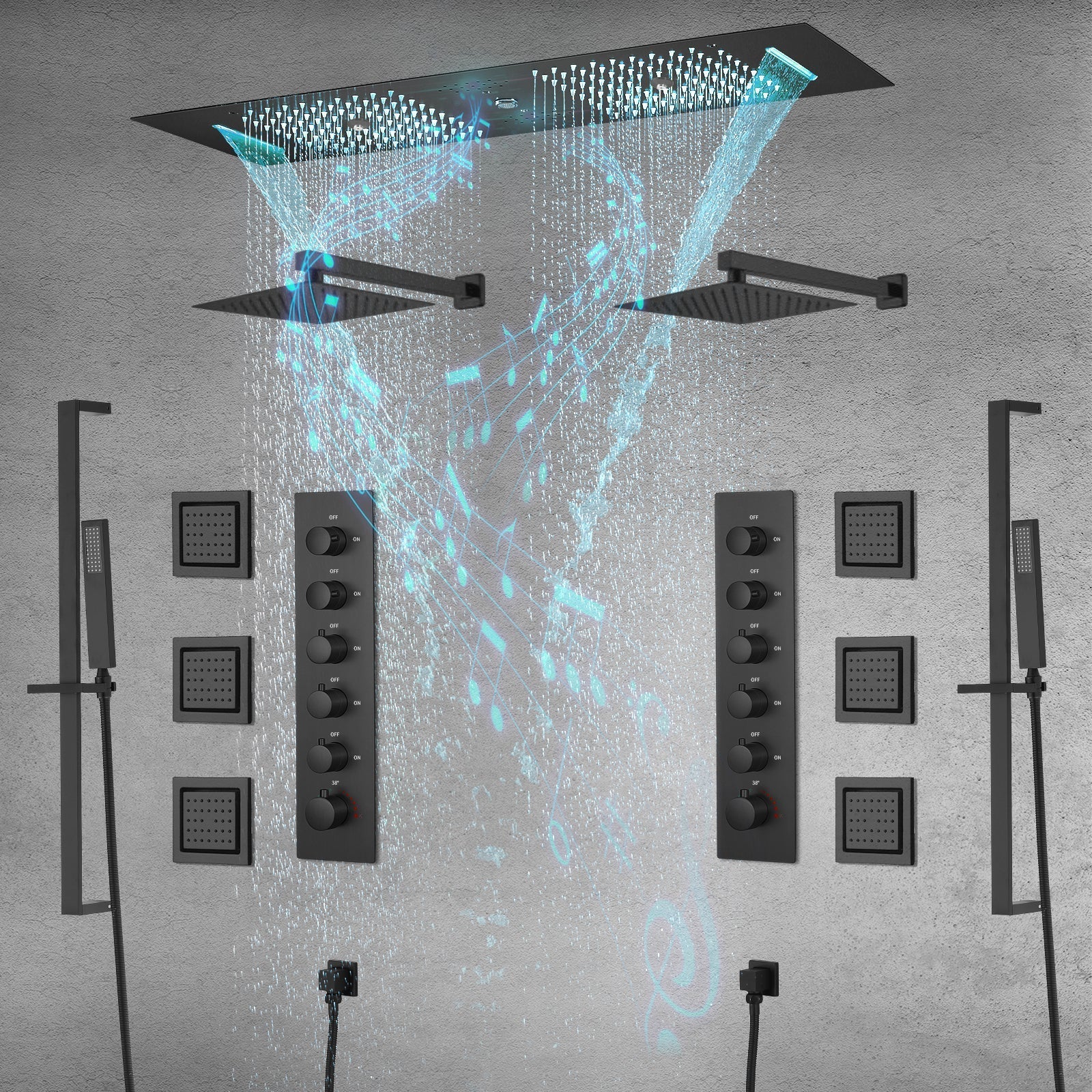 Multnomah| 36" In Dual Showerhead Complete Led Music Shower Set  6 Body Jets 2x Wall Mounted Rainfall Showerhead