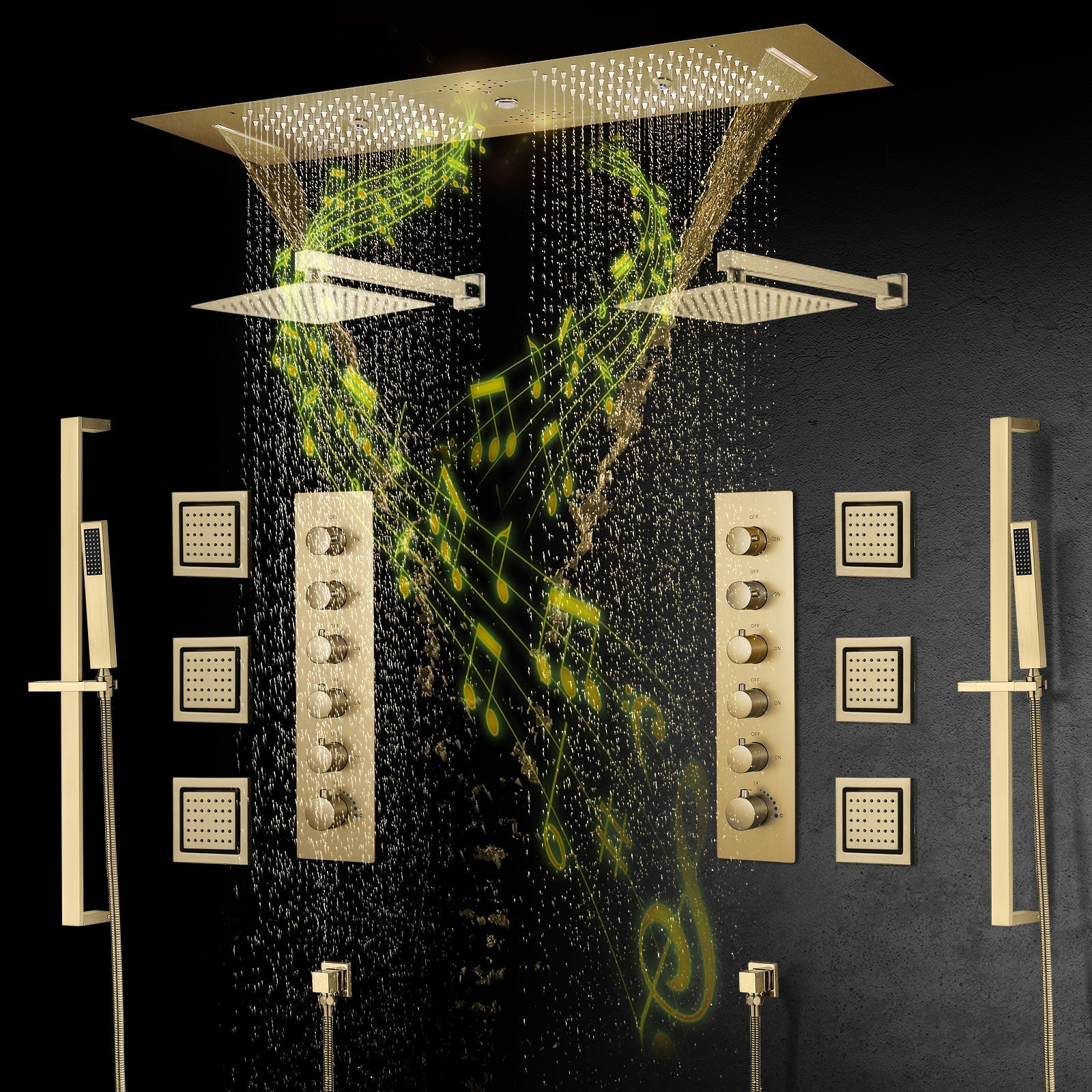 Multnomah| 36" In Dual Showerhead Complete Led Music Shower Set  6 Body Jets 2x Wall Mounted Rainfall Showerhead