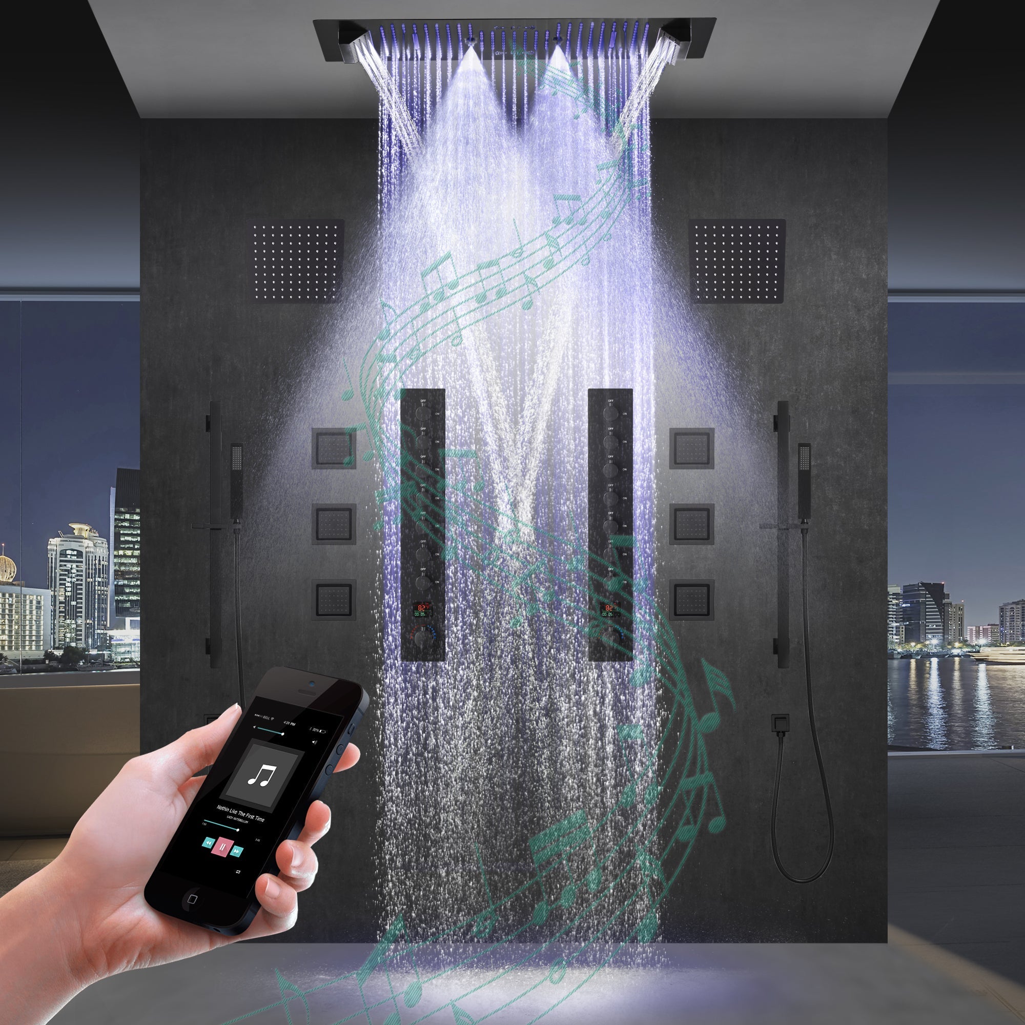 Colorado|36"X 16" In Dual Showerhead 7 Functions Complete Led Music Shower System 6 Body Jets 2x Wall Mounted Rainfall Showerhead