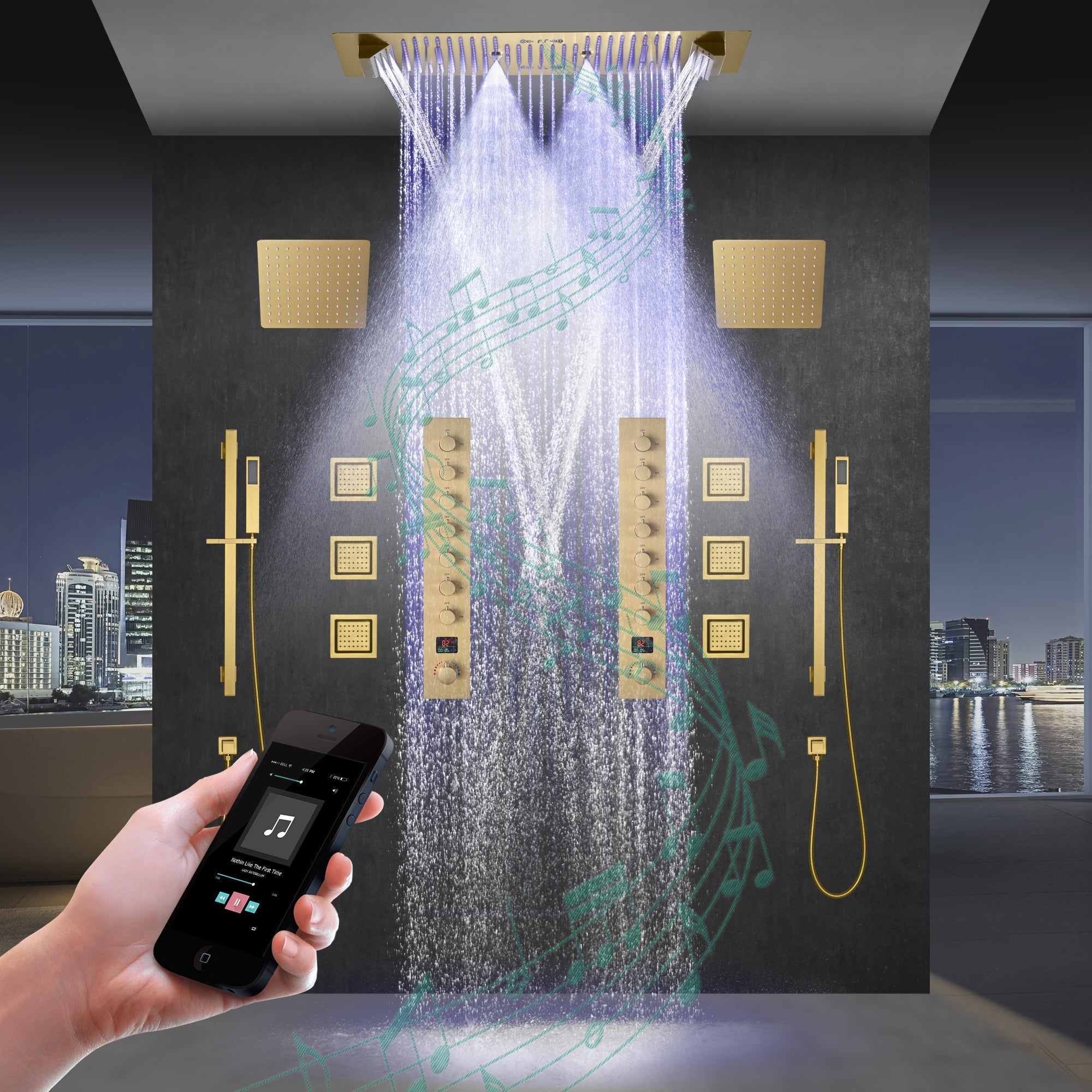 Colorado|36"X 16" In Dual Showerhead 7 Functions Complete Led Music Shower System 6 Body Jets 2x Wall Mounted Rainfall Showerhead
