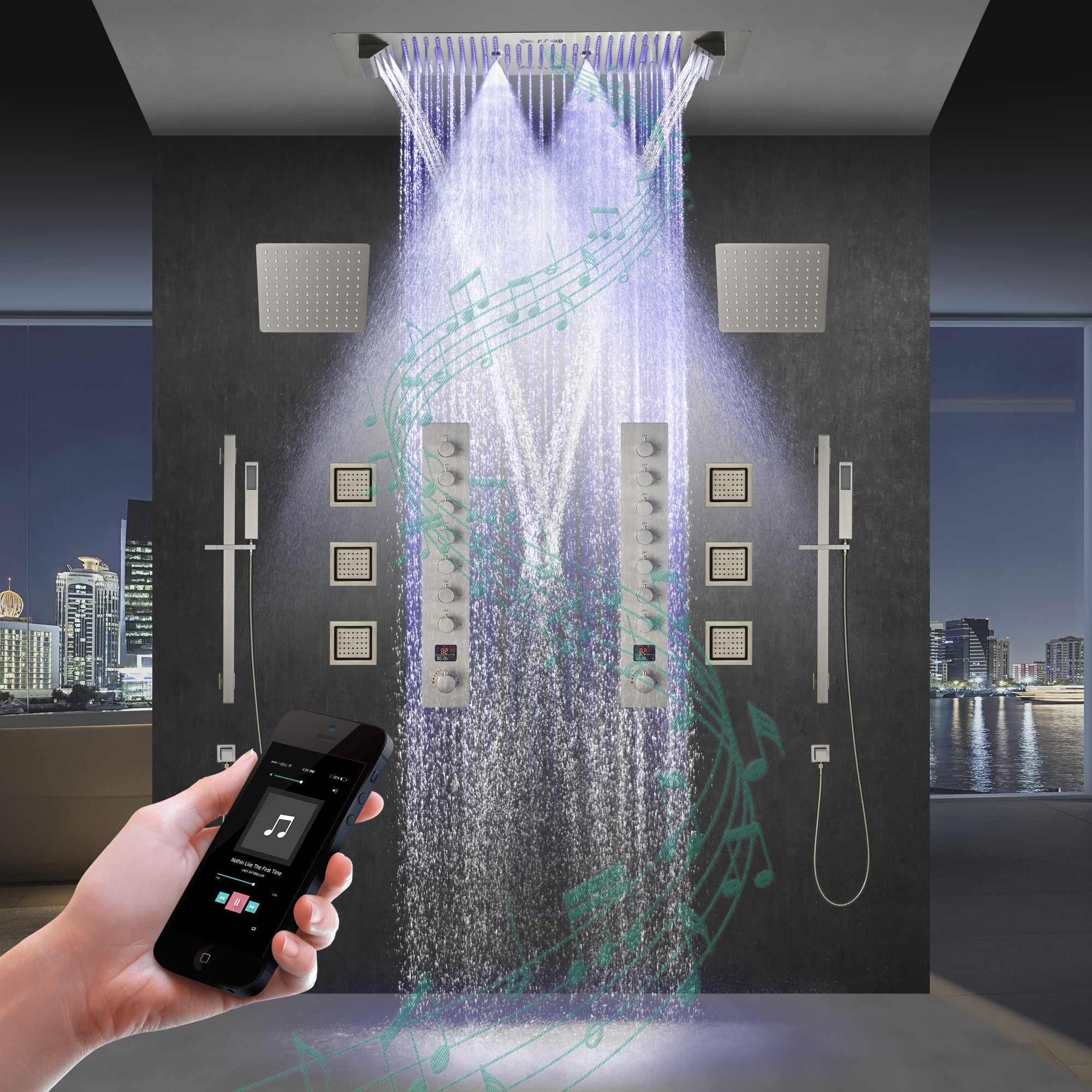 Colorado|36"X 16" In Dual Showerhead 7 Functions Complete Led Music Shower System 6 Body Jets 2x Wall Mounted Rainfall Showerhead
