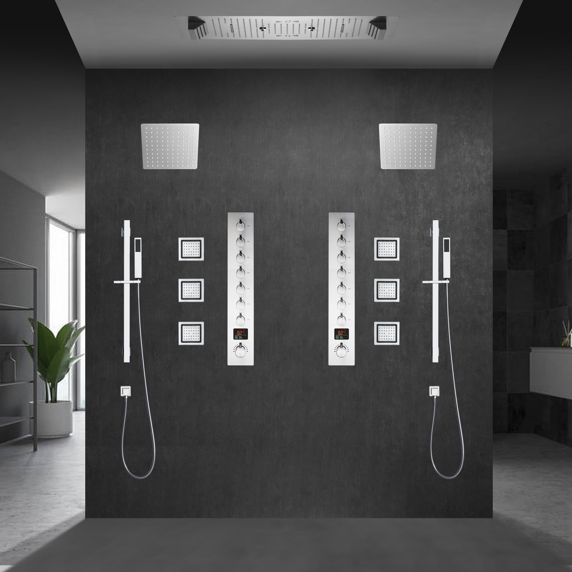 Colorado|36"X 16" In Dual Showerhead 7 Functions Complete Led Music Shower System 6 Body Jets 2x Wall Mounted Rainfall Showerhead