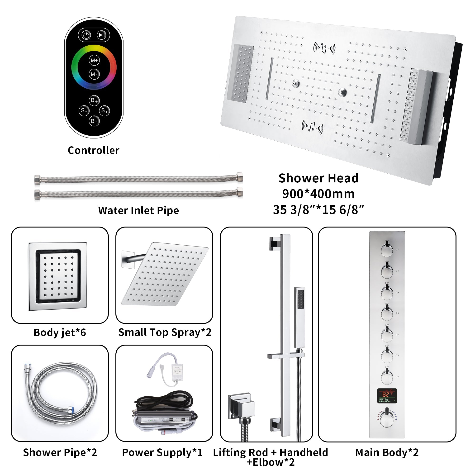 Colorado|36"X 16" In Dual Showerhead 7 Functions Complete Led Music Shower System 6 Body Jets 2x Wall Mounted Rainfall Showerhead
