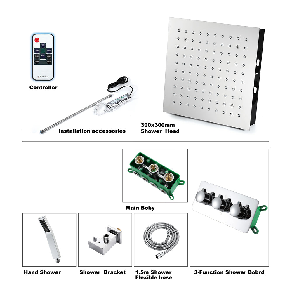 Queen Creek  "12x"12 LED Pressure Balanced  LED Rain Shower System - Available in Black & Chrome