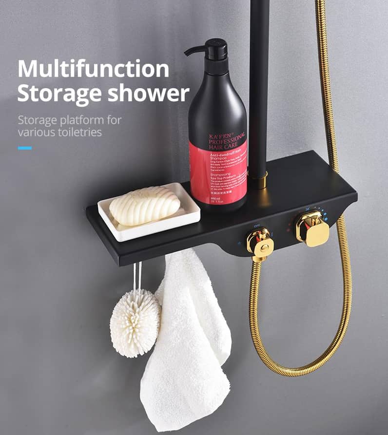 Rain  Thermostatic Shower System Black /Gold with Hand shower &Spout