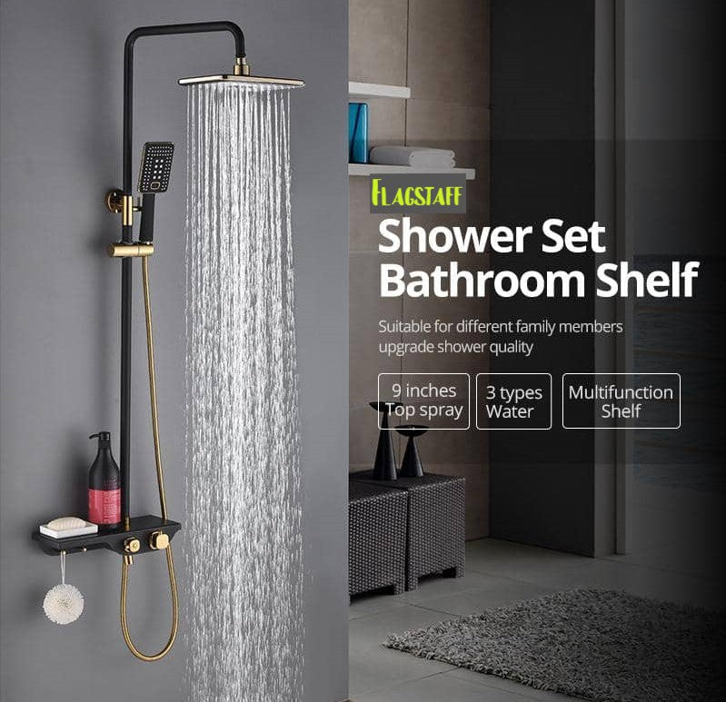 Rain  Thermostatic Shower System Black /Gold with Hand shower &Spout