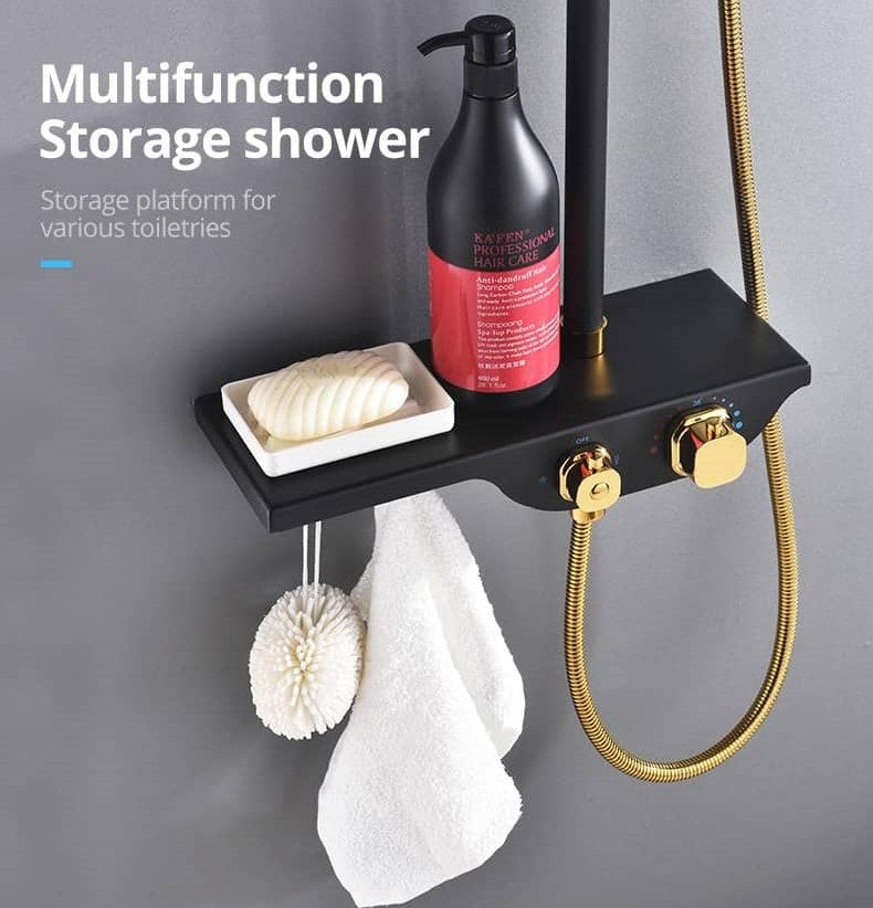Rain  Thermostatic Shower System Black /Gold with Hand shower &Spout