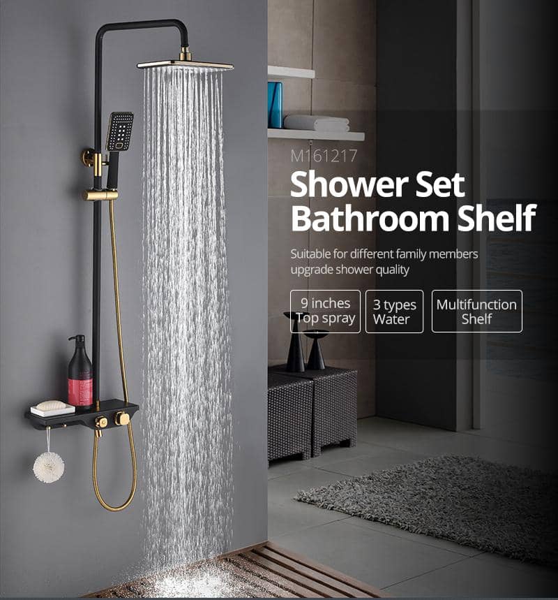 Rain  Thermostatic Shower System Black /Gold with Hand shower &Spout