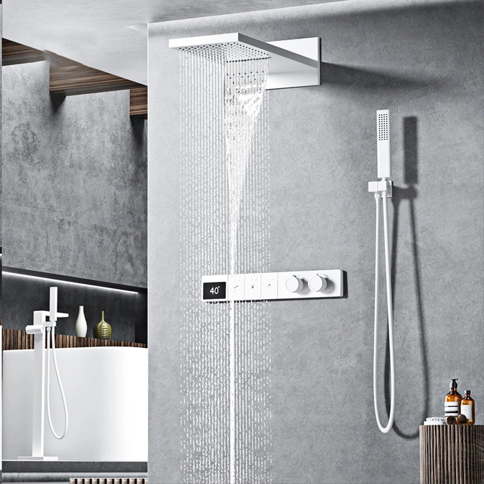 Luxury Digital Thermostatic Rainfall Shower System with Handheld Sprayer & Waterfall Mode – Modern Wall-Mounted Shower Set