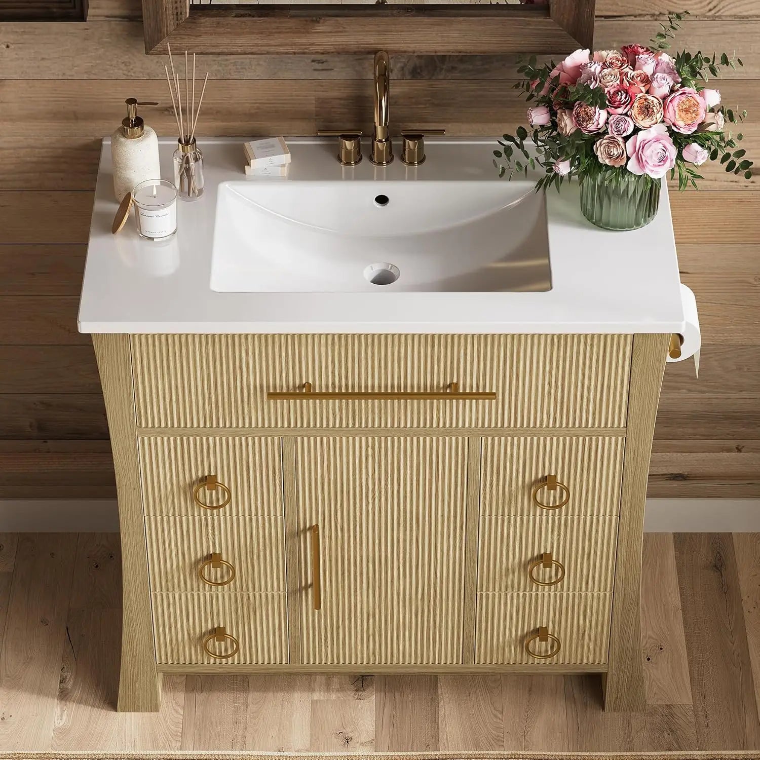 36" Bathroom Vanity with Sink, Wood Grain Texture, Freestanding Bathroom Sink Cabinet with 4 Drawers & 1 Flip-Down Drawer