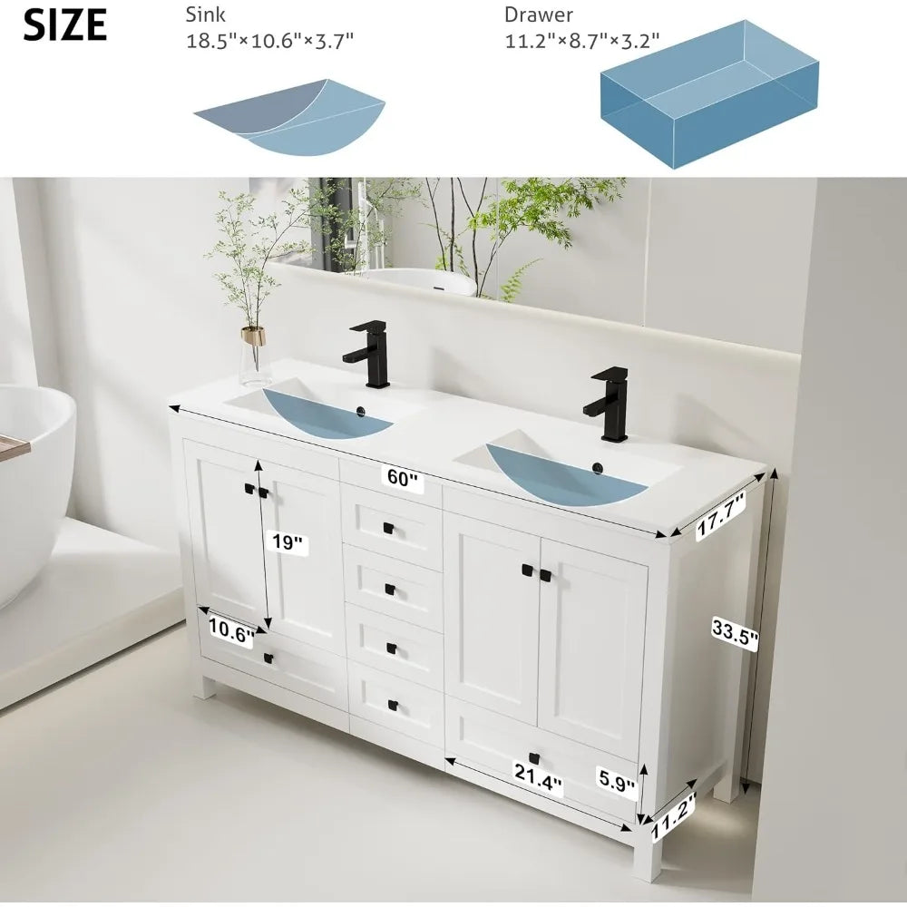 60" Bathroom Vanities with Sink Combo, Modern Thickened Wood Bathroom Storage Cabinet w/Undermount Double Sink, Matte