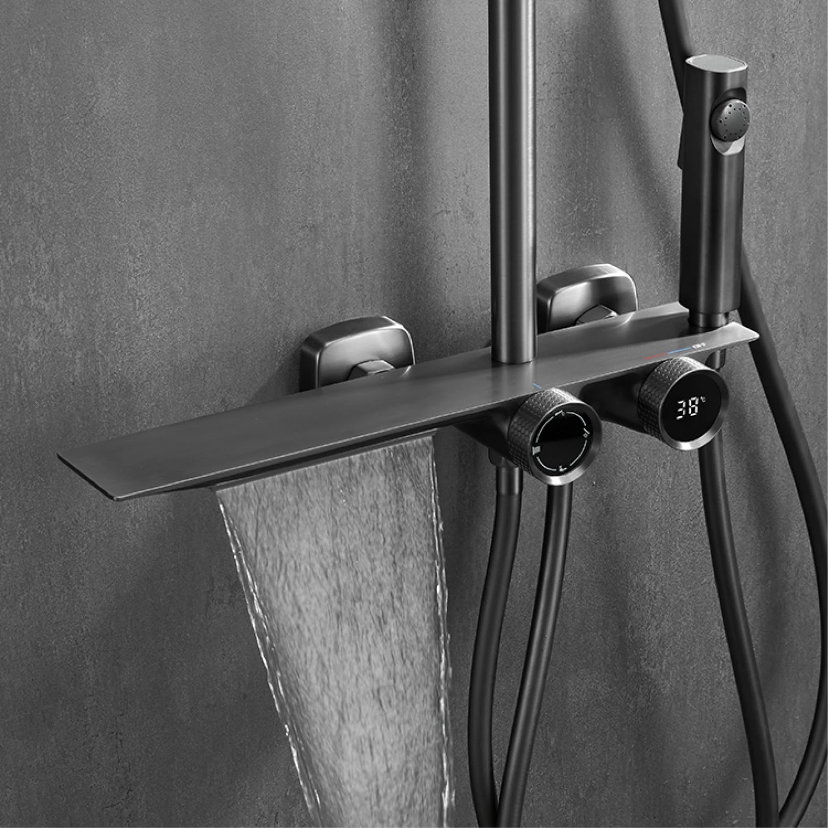 Matte Black Rainfall Shower System – Digital Temperature Display Mixer Faucet with Handheld Sprayer | Modern Bathroom Set