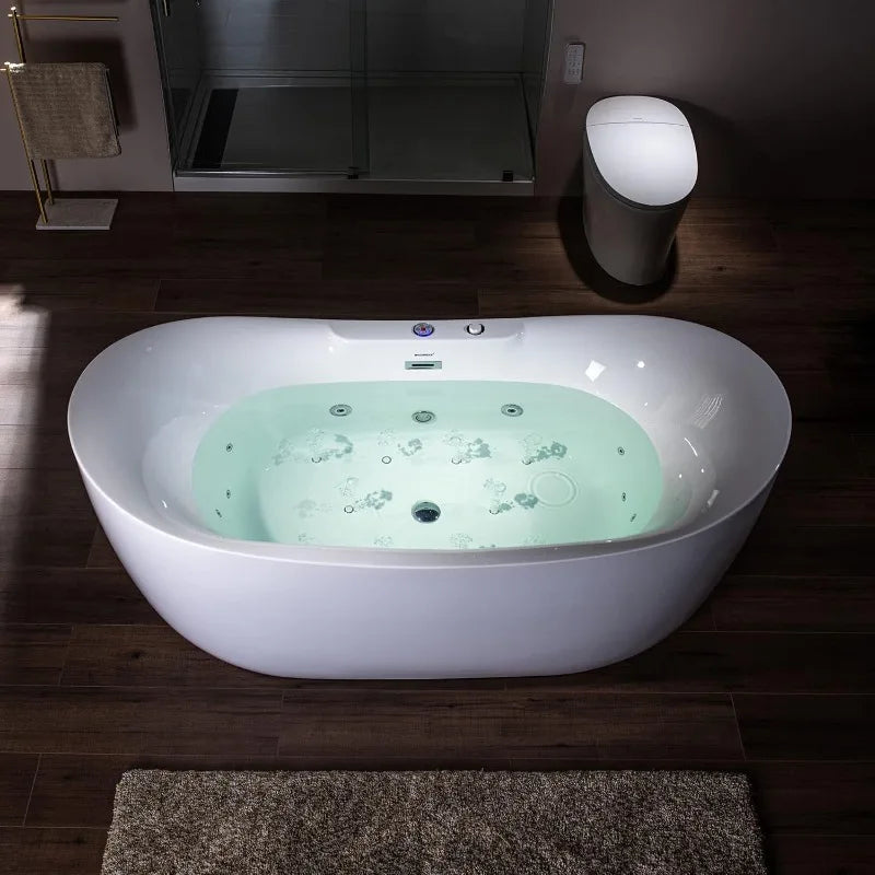 72" Whirlpool Air Bubble Bathtub, Heated Soaking Tub with LED Panel