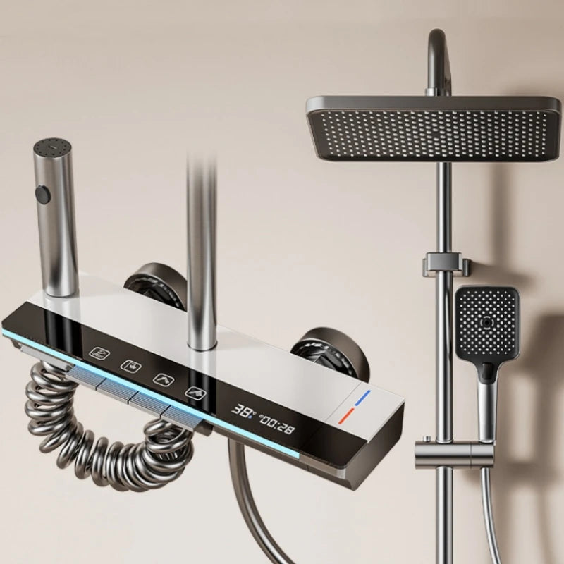 Luxury Digital Rainfall Shower System – Thermostatic Mixer Faucet with LED Temperature Display & Handheld Sprayer | Modern Bathroom Set