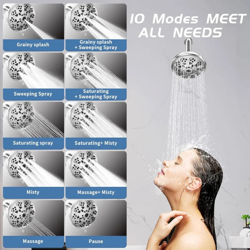 10-Mode High-Pressure Rain Shower Head with Adjustable Spray Settings – Massage, Mist & Pause Functions