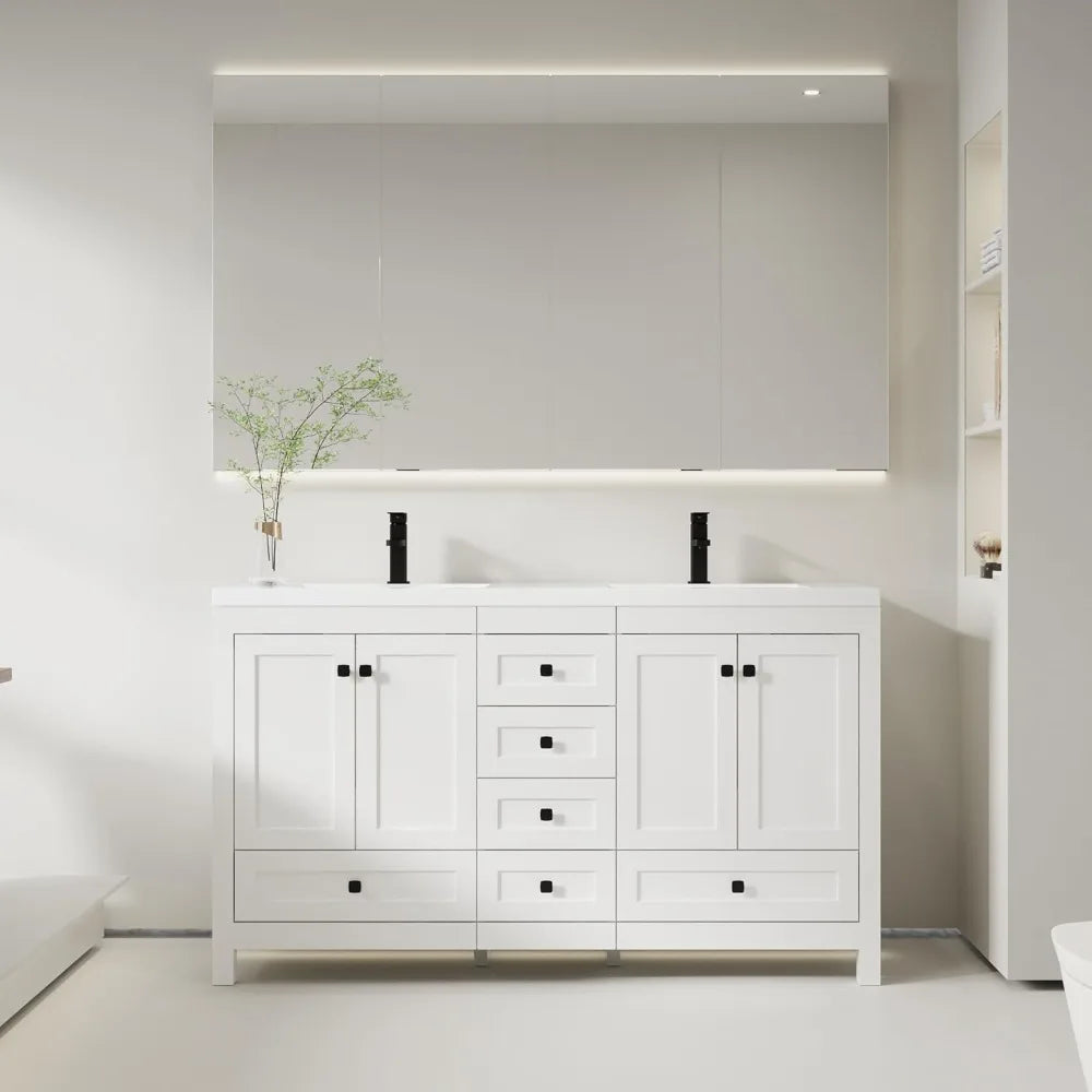 60" Bathroom Vanities with Sink Combo, Modern Thickened Wood Bathroom Storage Cabinet w/Undermount Double Sink, Matte