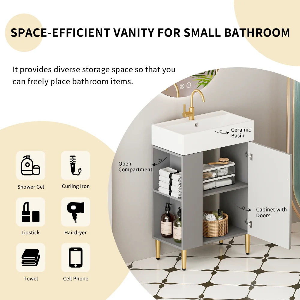 21.6" Modern Grey Bathroom Vanity with Glossy White Ceramic Sink, Compact Storage Cabinet with Open Shelves & Door for Small Spaces