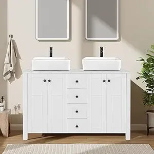 48" White Bathroom Vanity with Marble Texture Top and 4 Drawers, Modern Standing Pedestal Cabinet with Two Boat Silver Glass