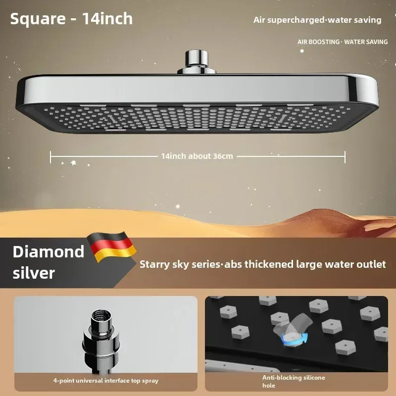 14 Inch Ultra-Thin Rainfall Shower Head – Pressurized Stainless Steel Water-Saving Top Spray for Modern Bathrooms