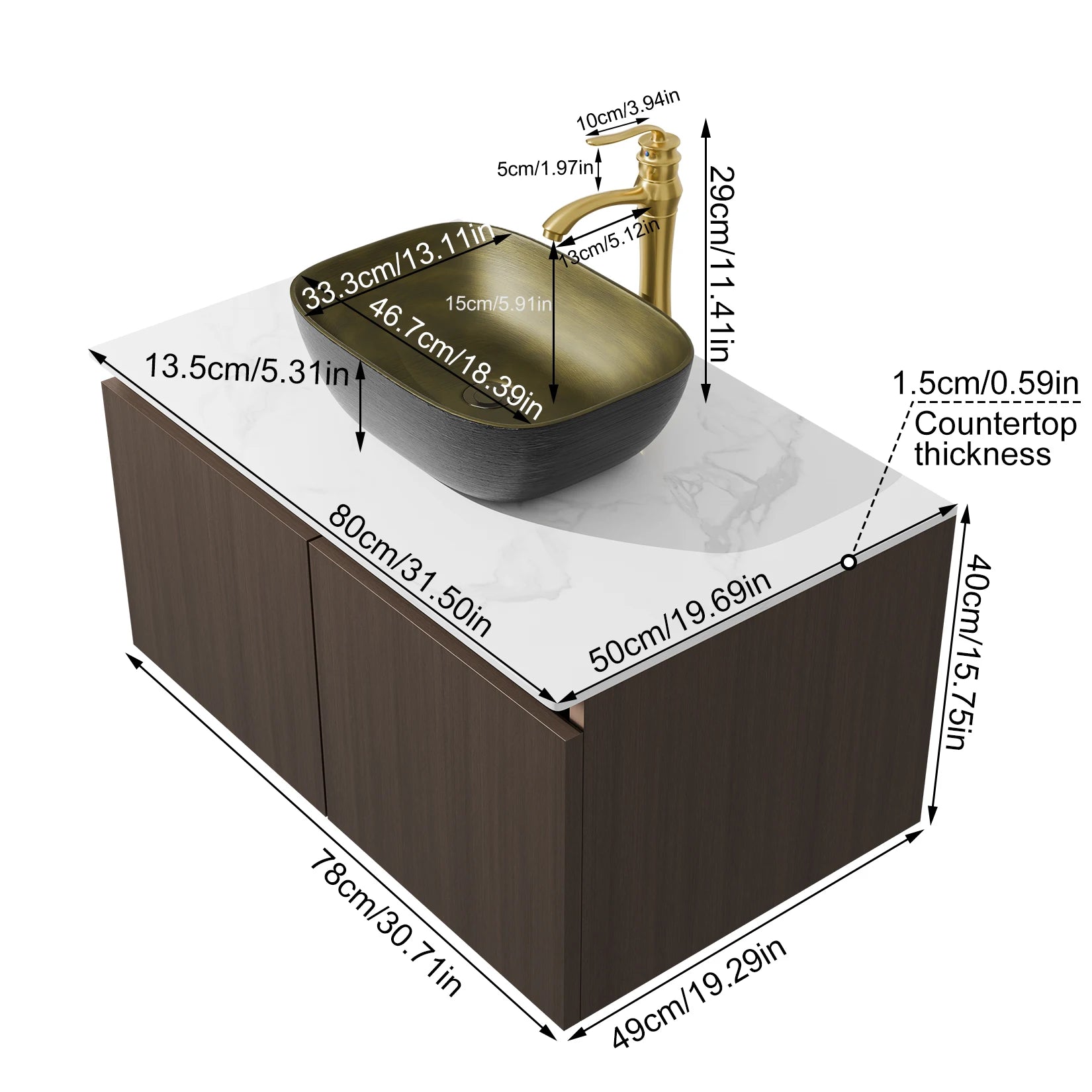 31.5"/39"/47" Modern Floating Bathroom Vanity Sink Combo Wall Cabinet Set Ceramic Basin Stone Top Faucet and Flexible Hoses
