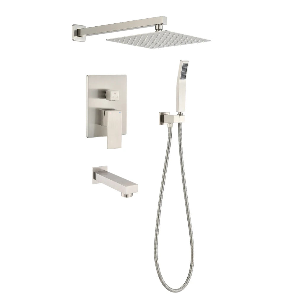 Modern Square Rainfall Shower System with Handheld Sprayer & Tub Spout – Brushed Nickel Wall-Mount Set