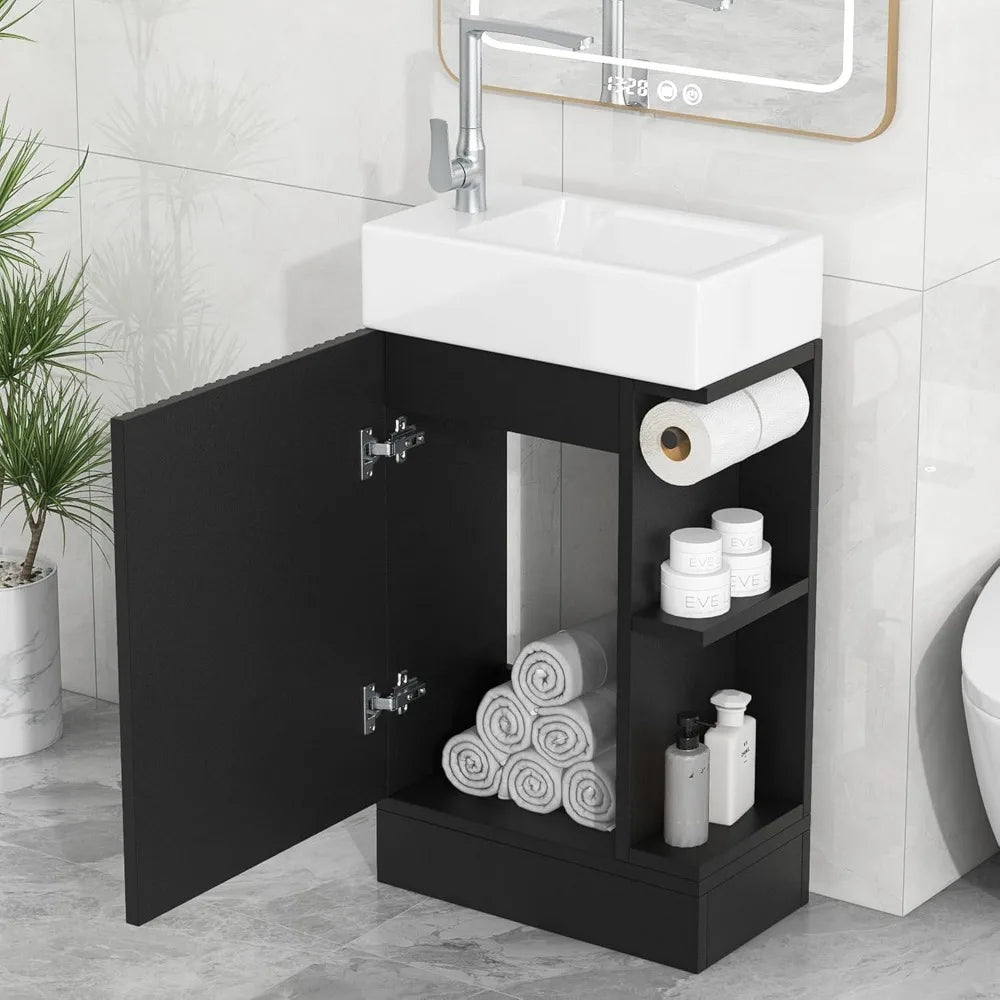 compact 18.6" wooden bathroom vanity with integrated sink, toilet paper holder, and single door storage cabinet