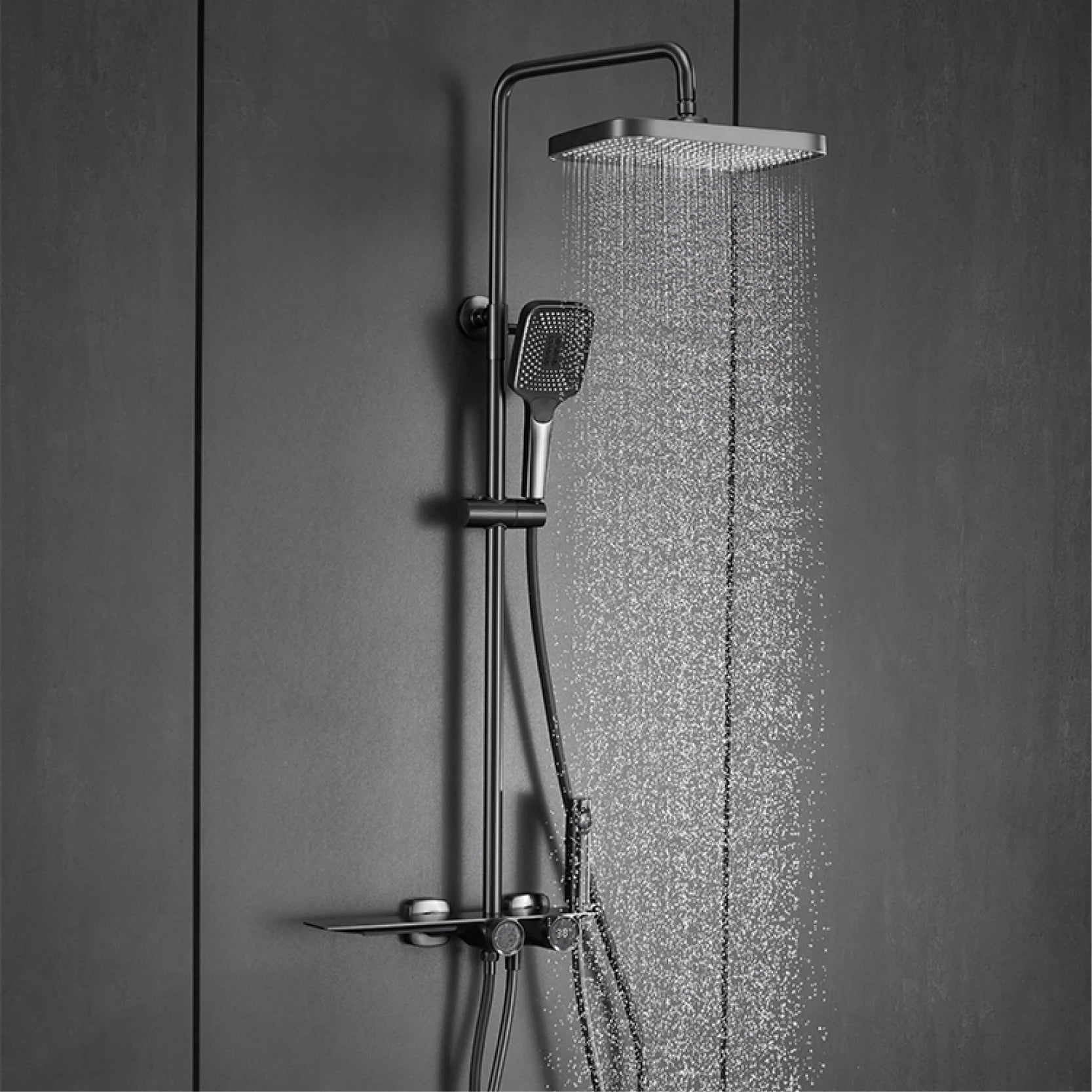 Matte Black Rainfall Shower System – Digital Temperature Display Mixer Faucet with Handheld Sprayer | Modern Bathroom Set