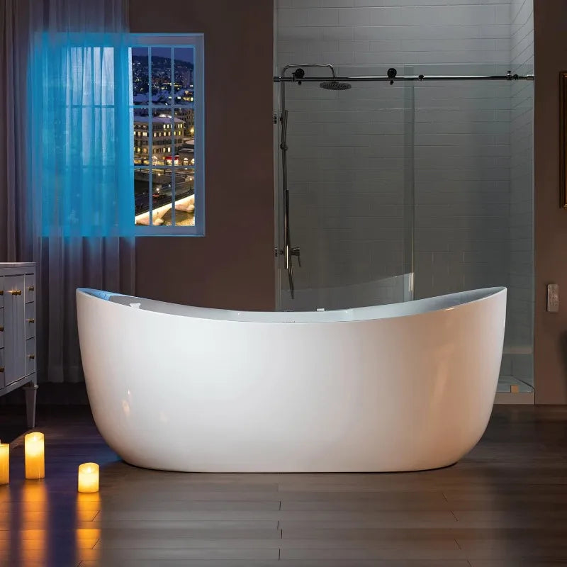 72" Whirlpool Air Bubble Bathtub, Heated Soaking Tub with LED Panel