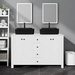 48" White Bathroom Vanity with Marble Texture Top and 4 Drawers, Modern Standing Pedestal Cabinet with Two Boat Silver Glass