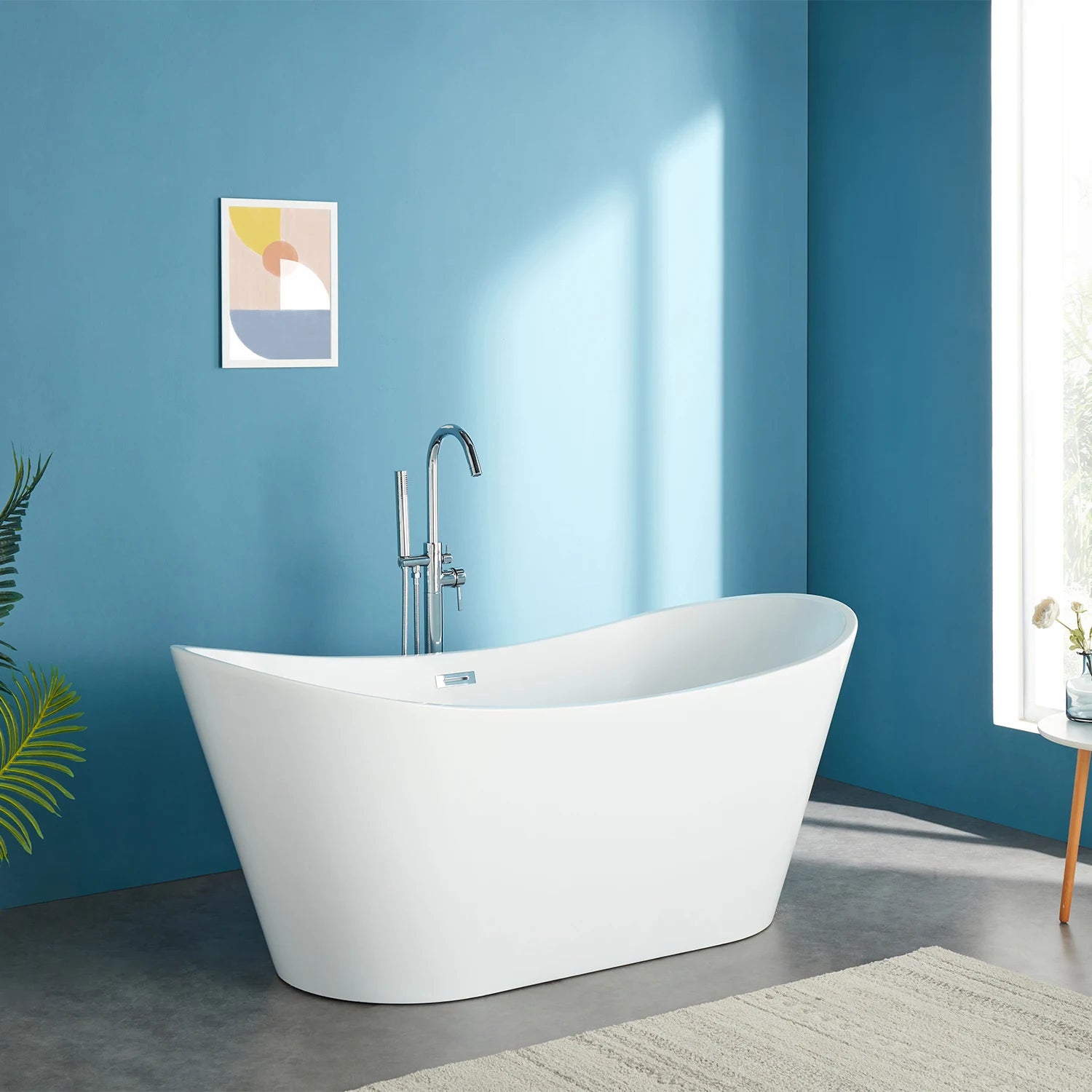 67'' Acrylic Freestanding White Soaking Bathtub With Classic Oval Shape, Chrome Drain, Slotted Overflow