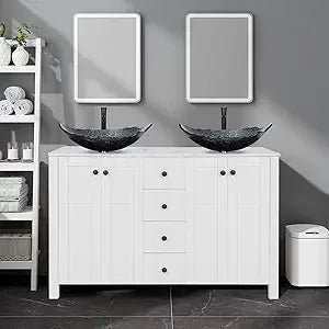 48" White Bathroom Vanity with Marble Texture Top and 4 Drawers, Modern Standing Pedestal Cabinet with Two Boat Silver Glass