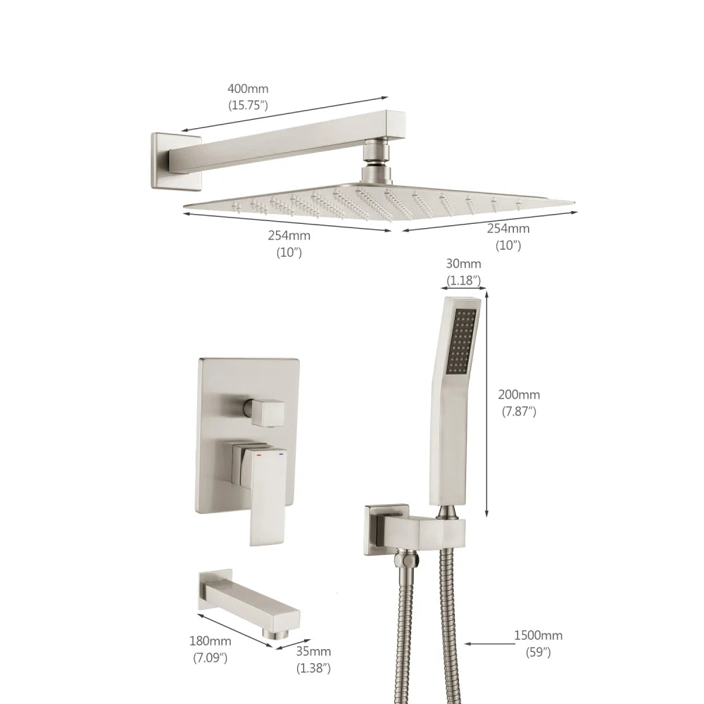 Modern Square Rainfall Shower System with Handheld Sprayer & Tub Spout – Brushed Nickel Wall-Mount Set