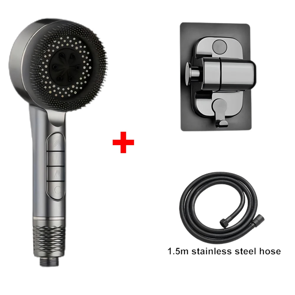 4-Mode High-Pressure Handheld Shower Head with Massage Brush & Stainless Steel Hose – Water-Saving Spray Nozzle