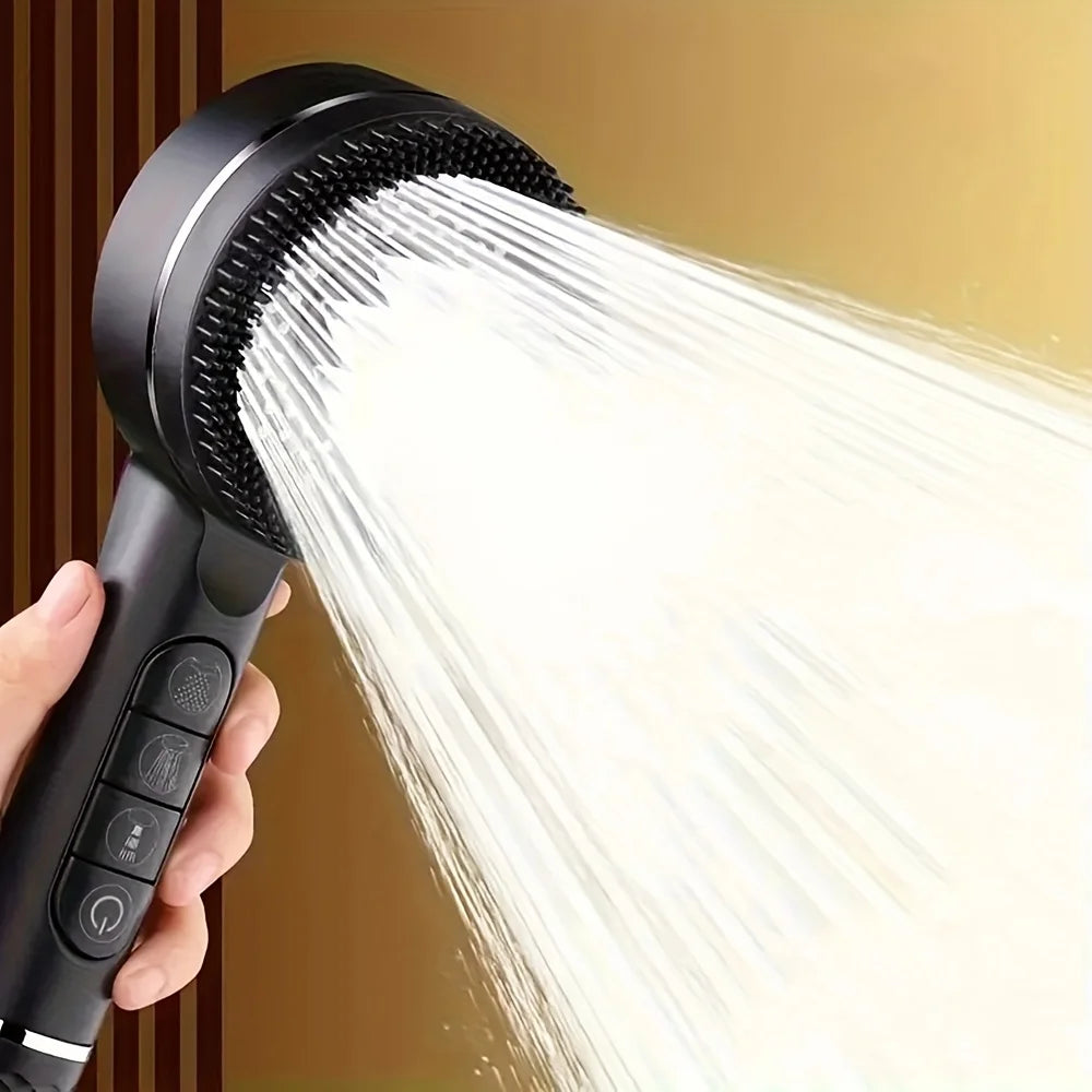 4-Mode High-Pressure Handheld Shower Head with Massage Brush & Stainless Steel Hose – Water-Saving Spray Nozzle