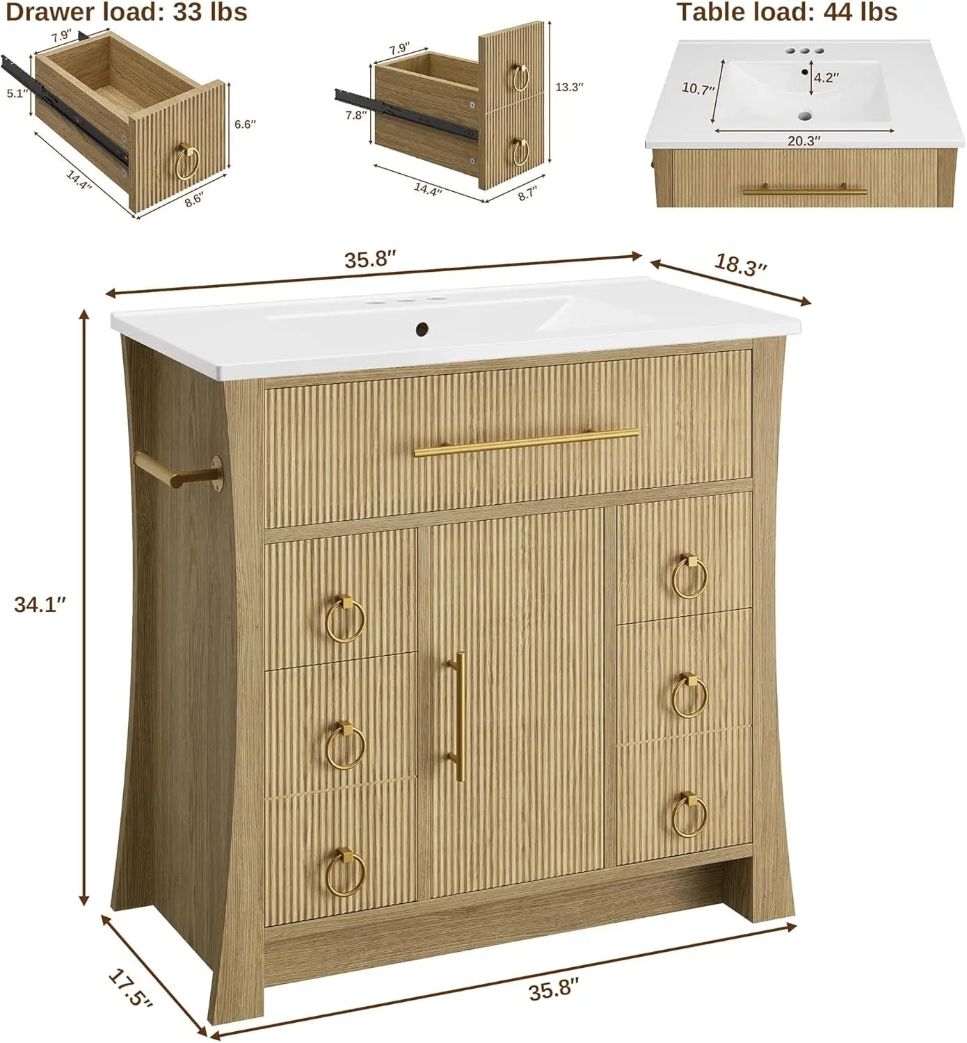 36" Bathroom Vanity with Sink, Wood Grain Texture, Freestanding Bathroom Sink Cabinet with 4 Drawers & 1 Flip-Down Drawer