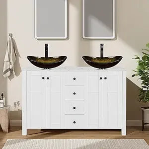 48" White Bathroom Vanity with Marble Texture Top and 4 Drawers, Modern Standing Pedestal Cabinet with Two Boat Silver Glass