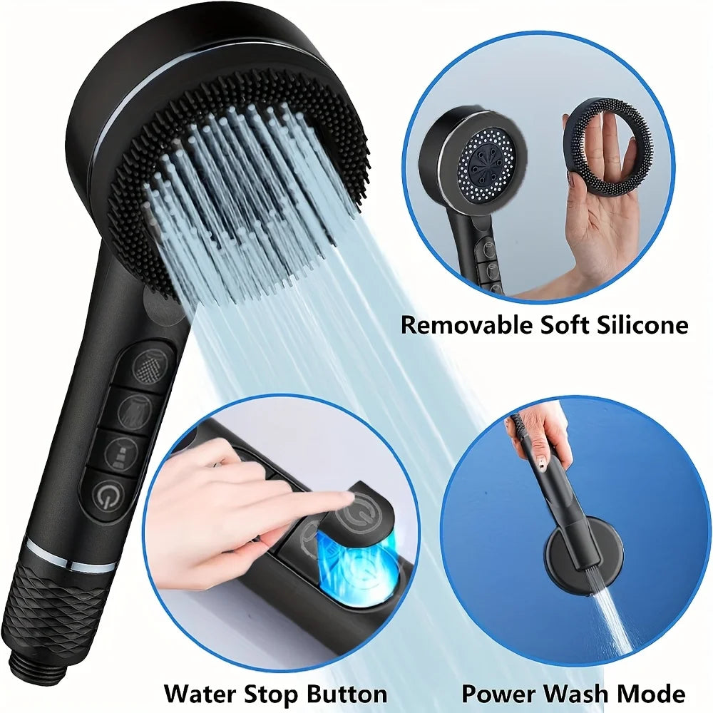 4-Mode High-Pressure Handheld Shower Head with Massage Brush & Stainless Steel Hose – Water-Saving Spray Nozzle