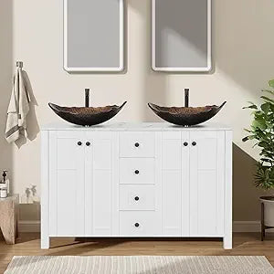 48" White Bathroom Vanity with Marble Texture Top and 4 Drawers, Modern Standing Pedestal Cabinet with Two Boat Silver Glass
