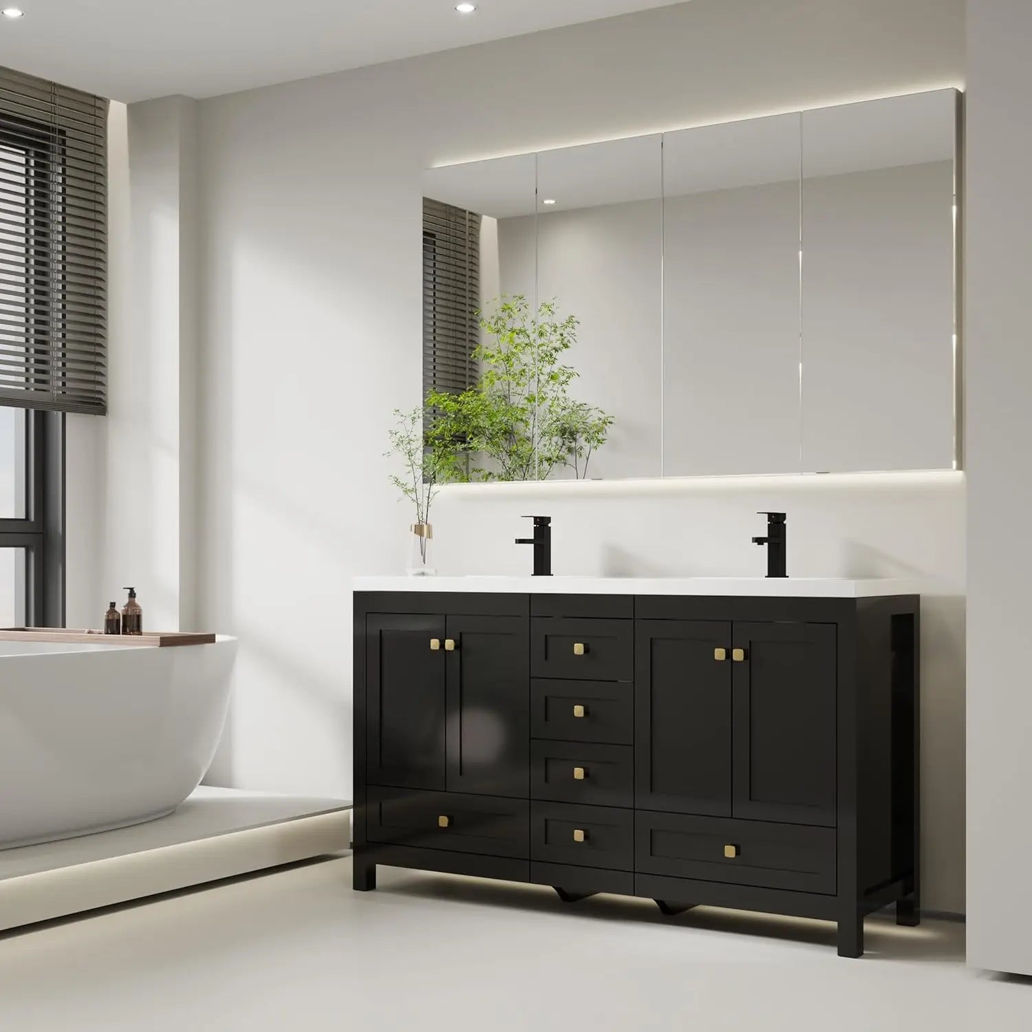 60" Bathroom Vanities with Sink Combo, Modern Thickened Wood Bathroom Storage Cabinet w/Undermount Double Sink, Matte