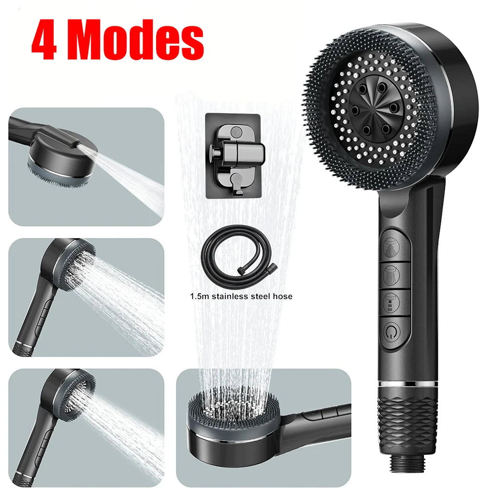 4-Mode High-Pressure Handheld Shower Head with Massage Brush & Stainless Steel Hose – Water-Saving Spray Nozzle