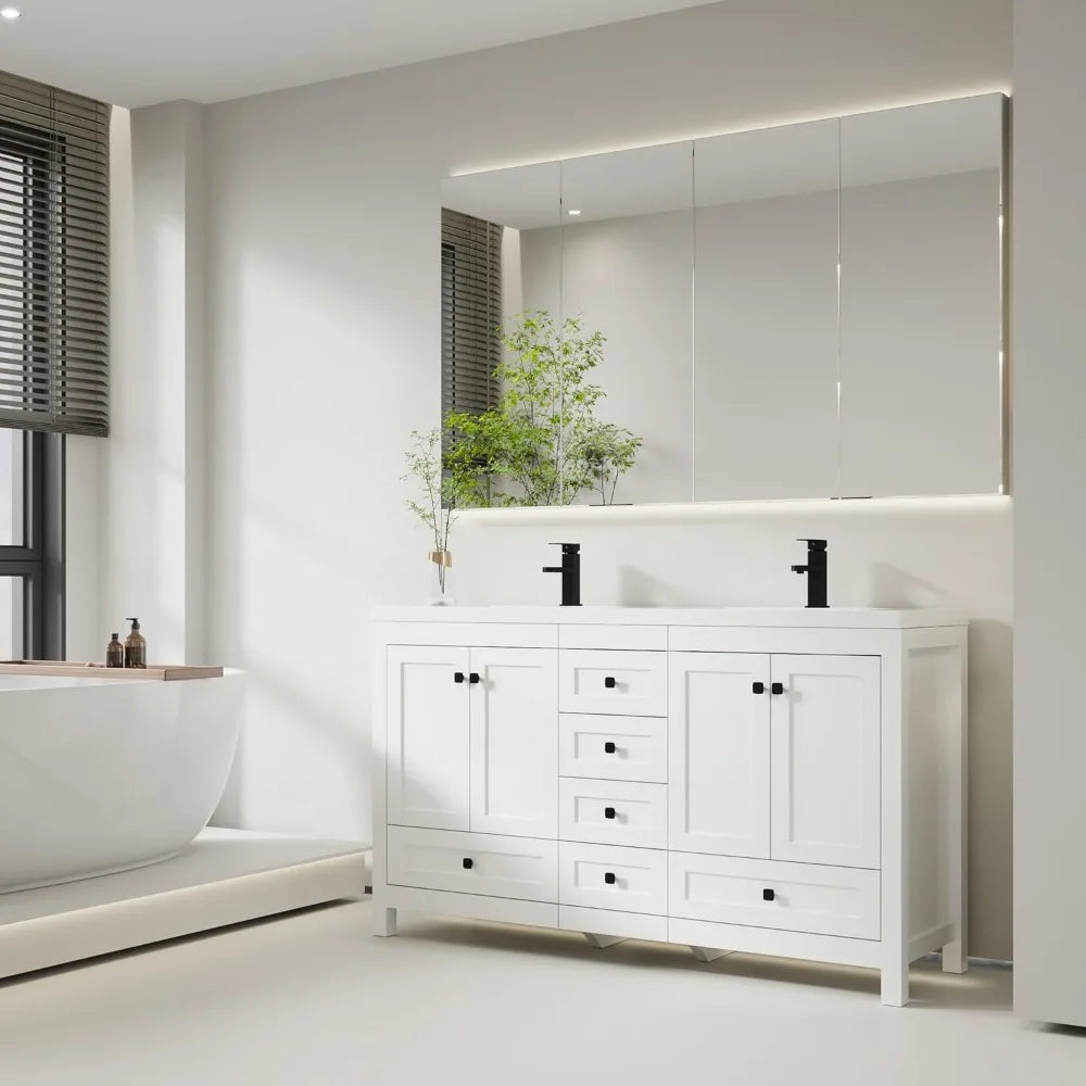 60" Bathroom Vanities with Sink Combo, Modern Thickened Wood Bathroom Storage Cabinet w/Undermount Double Sink, Matte