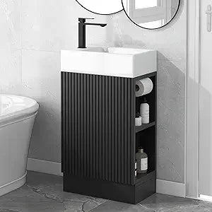 compact 18.6" wooden bathroom vanity with integrated sink, toilet paper holder, and single door storage cabinet