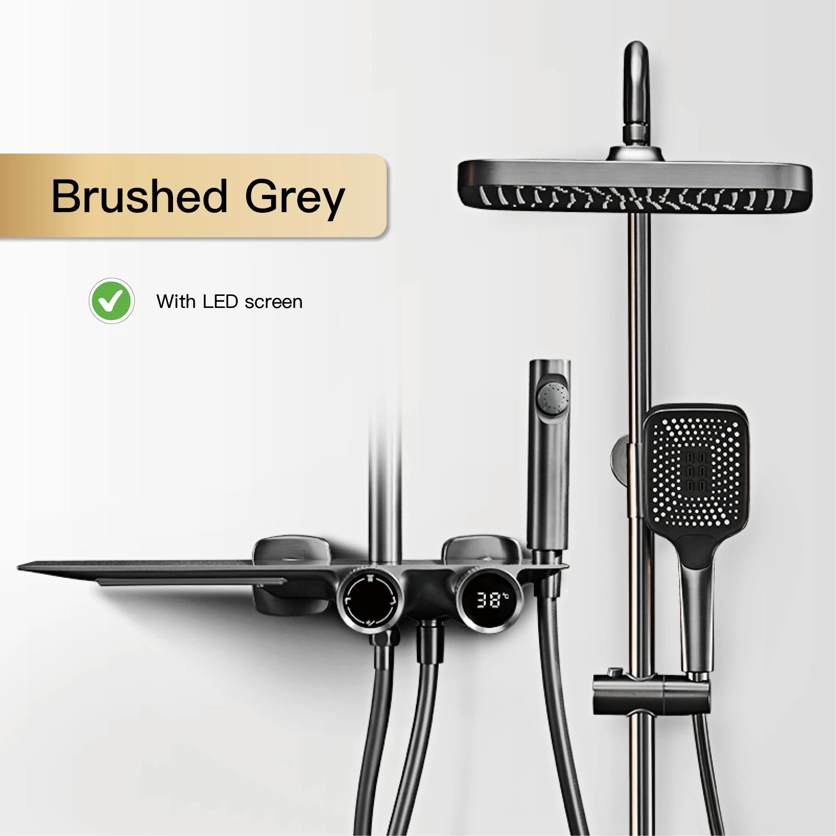 Matte Black Rainfall Shower System – Digital Temperature Display Mixer Faucet with Handheld Sprayer | Modern Bathroom Set