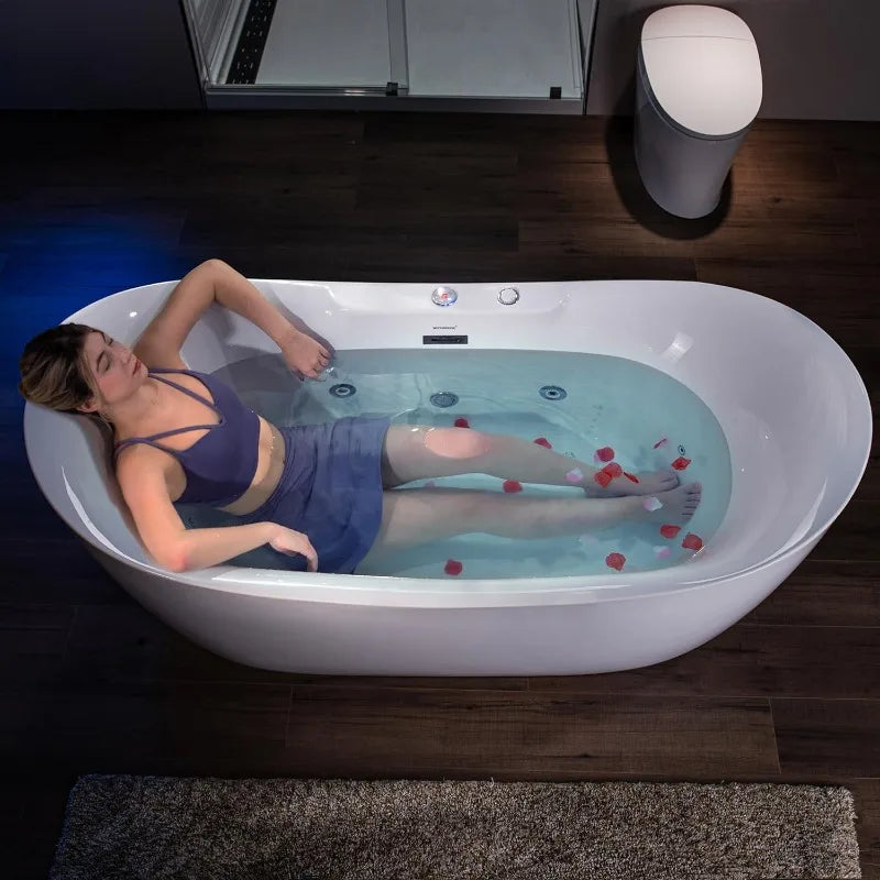 72" Whirlpool Air Bubble Bathtub, Heated Soaking Tub with LED Panel