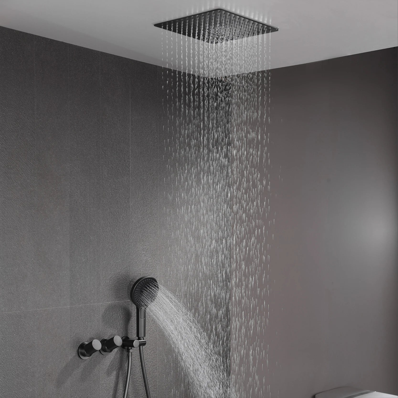 Modern Ceiling Rainfall Shower System – Minimalist Built-In Shower Set with Handheld Sprayer | Concealed Bathroom Fixture