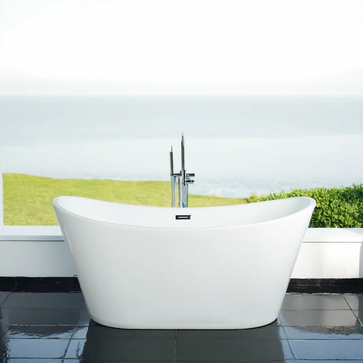 67'' Acrylic Freestanding White Soaking Bathtub With Classic Oval Shape, Chrome Drain, Slotted Overflow